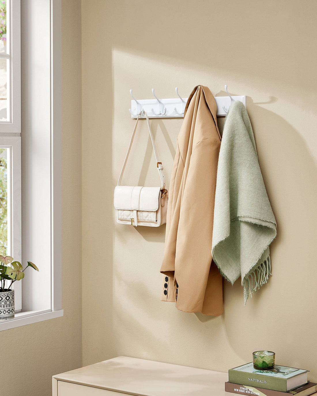 Wandgarderobe mit 5 Dreifachhaken, MDF/Metalllegierung, 50,4 cm, Wolkenweiß, 20 kg