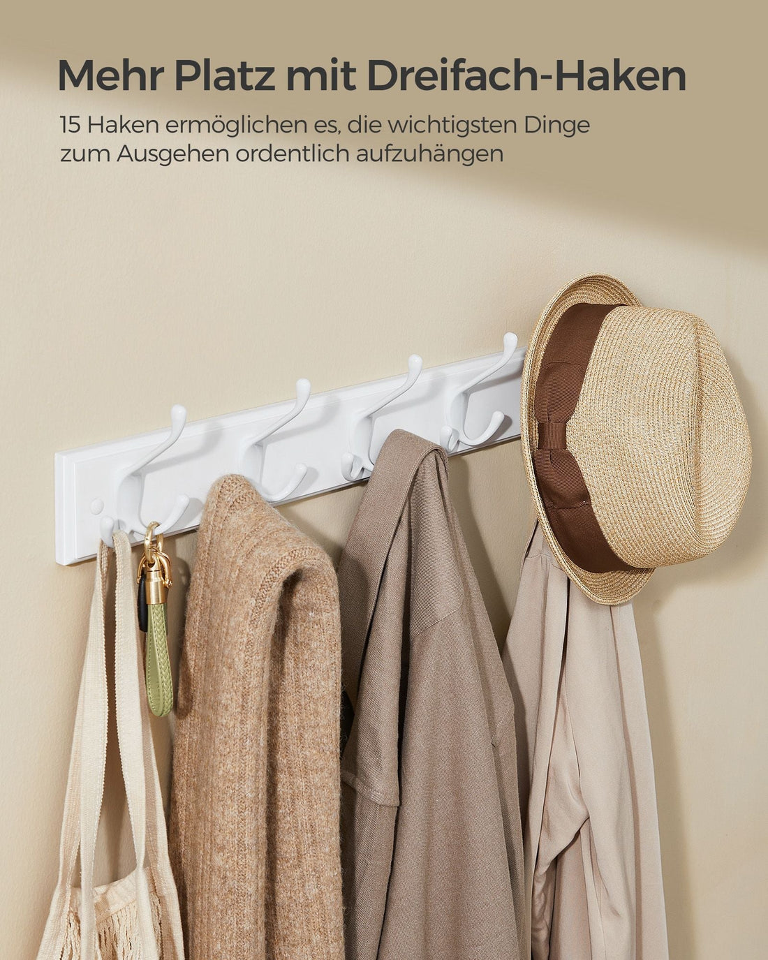Wandgarderobe mit Haken – Flur-Organizer – MDF und Zinklegierung – 7 x 50,4 x 4,6 cm – Wollweiß
