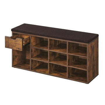 Zitbank met gewatteerde zitting, schoenenrek met lade en open vakken voor hal | Bruin | 104x30,5x48 cm