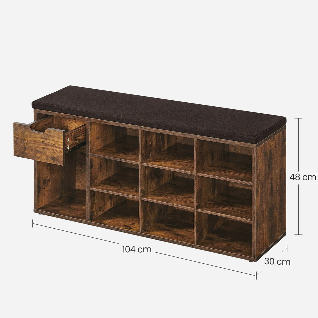 Sittbänk med vadderad sits, skoställ med låda och öppna hyllplan för hall | Brun | 104x30,5x48 cm