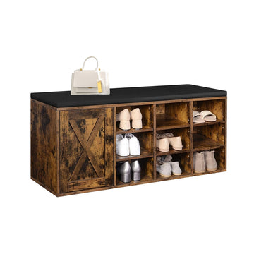Schoenenbank met zitkussen en 9 vakken | Vintagebruin | 110x30x48 cm