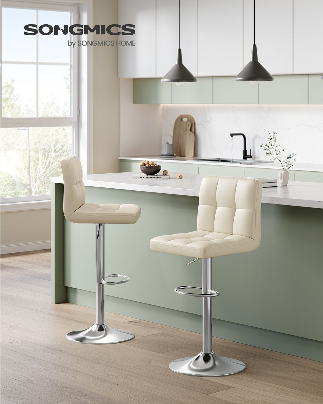 2-delige set verstelbare barkrukken met rugleuning | Zandbeige | 44,5x43x95-115 cm