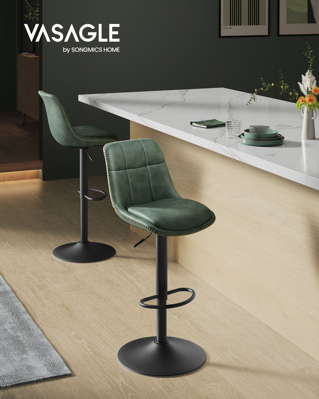 Gröna barstolar i PU-läder – snurrbara, justerbara, förkromade – 44 x 48 x 90-112 cm