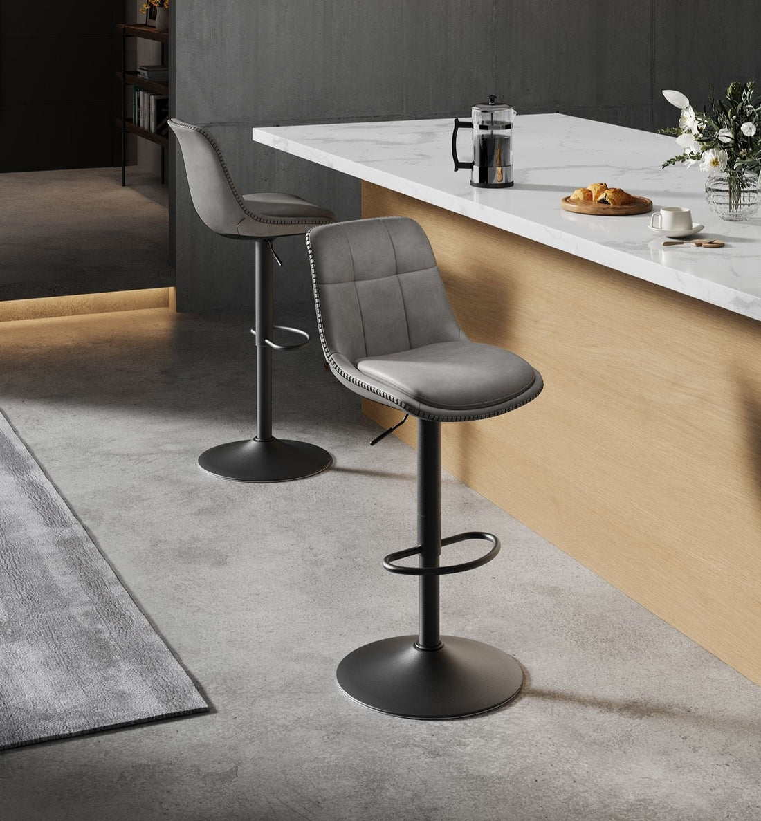 2-teiliges Barhocker-Set mit Rückenlehne – verstellbar – Grau – PU – Stahl – 44x48x90-112 cm