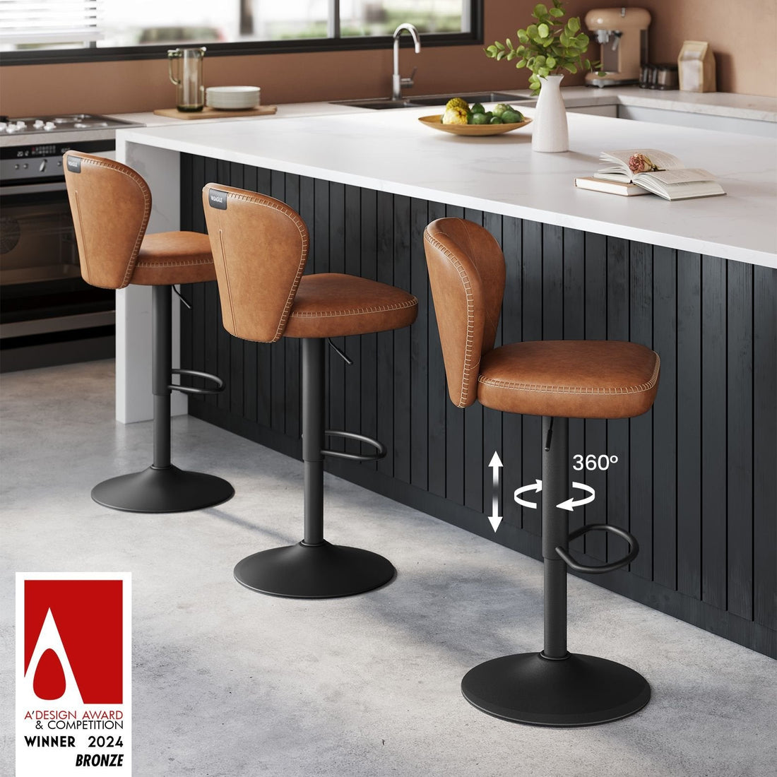 Set med 2 barstolar - justerbara - PU-läder - stålram - 42 x 49 x (94-115) cm