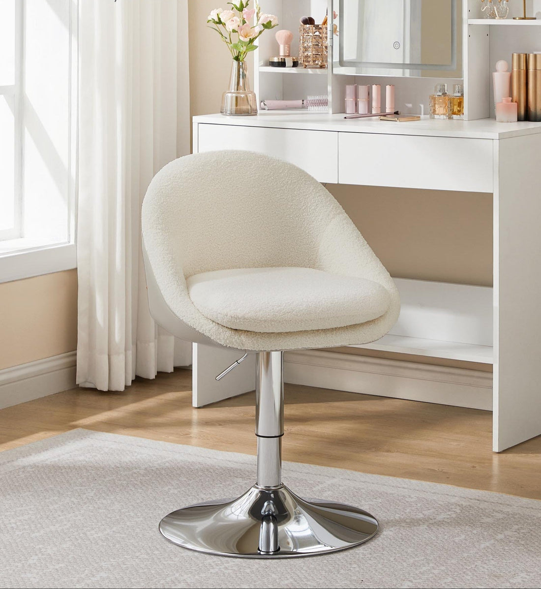 Justerbar kontorsstol med ryggstöd - ergonomisk - vit fleece - PU-läder - 52,5x50x81,5-93,5 cm