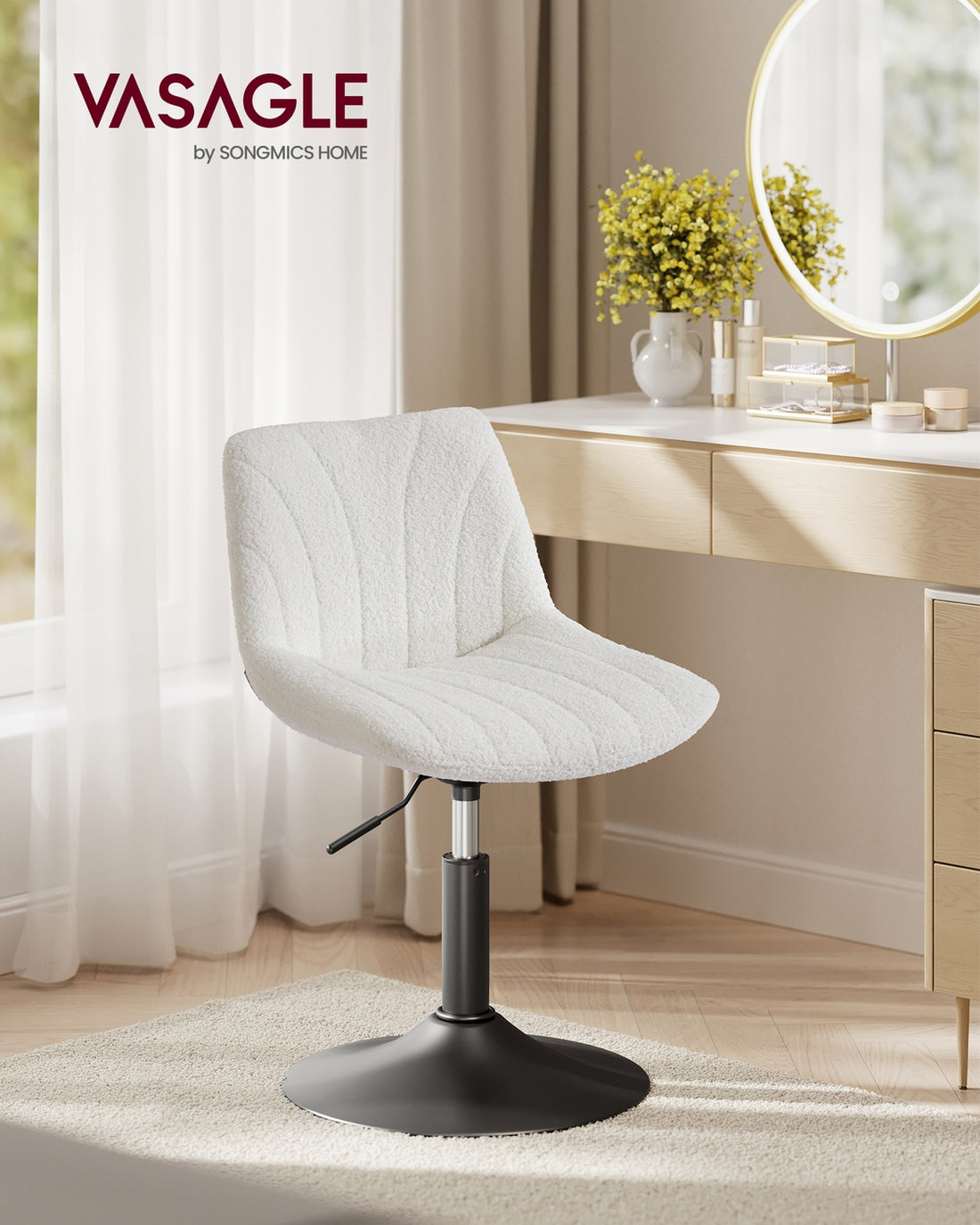 Barhocker mit Rückenlehne und drehbarem Sitz | Cremeweiß | 43x46,5x65,5-77,5 cm