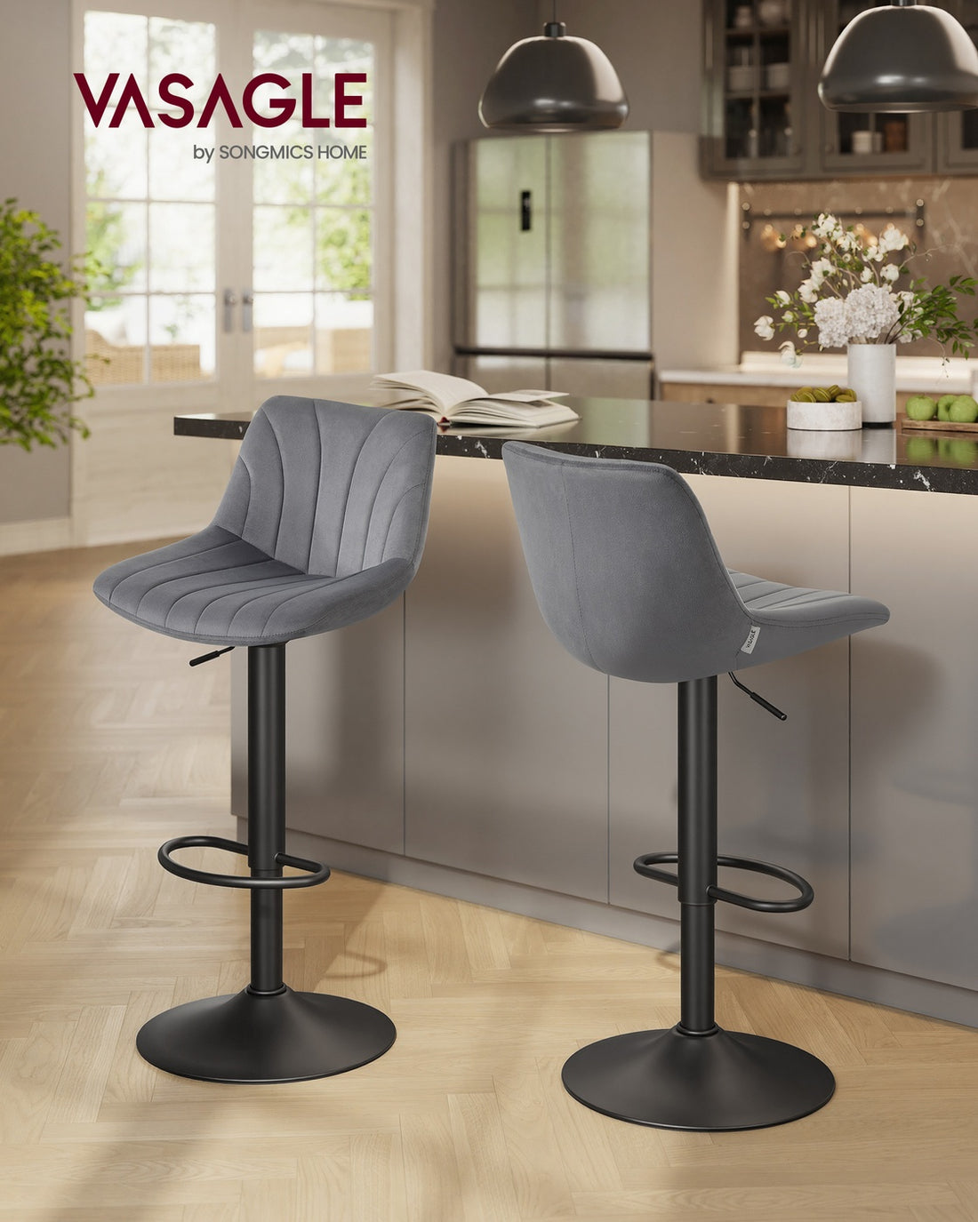 Set aus 2 Barhockern mit Rückenlehne und drehbarem Sitz | Hellgrau | 43x46,5x88-108 cm