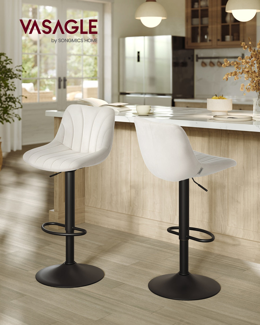 2er-Set Barhocker mit Rückenlehne und drehbarem Sitz | Cremeweiß | 43x46,5x88-108 cm