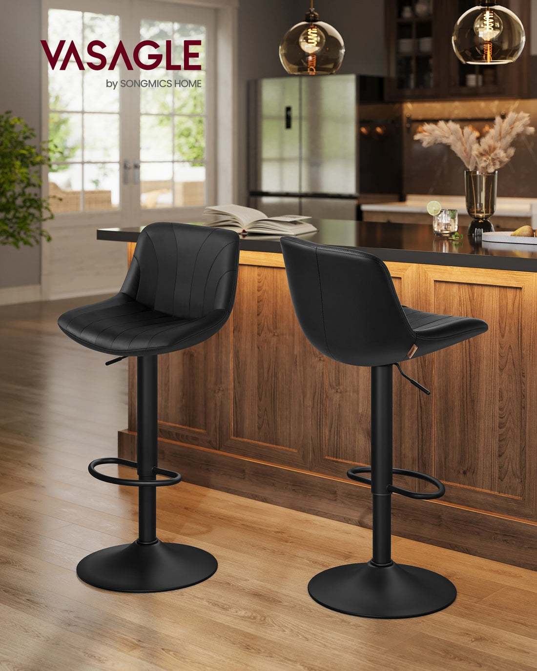 Barhocker 2er Set mit Rückenlehne und drehbarem Sitz | Tintenschwarz | 43x46,5x88-108 cm