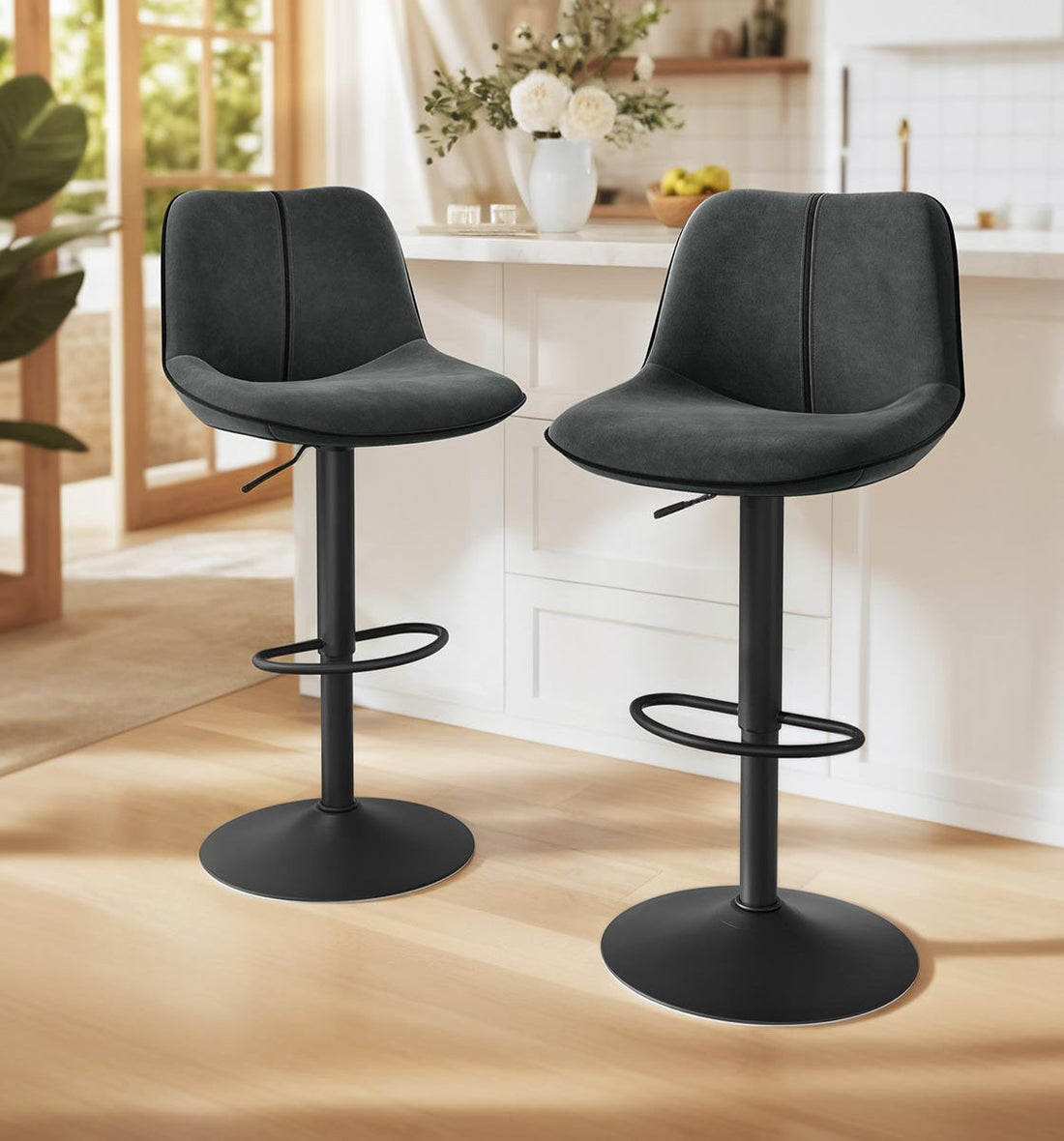 Set om 2 barstolar, justerbara, sammet, vadderade, grå – 49,5 x 45 x 88,5–109,5 cm