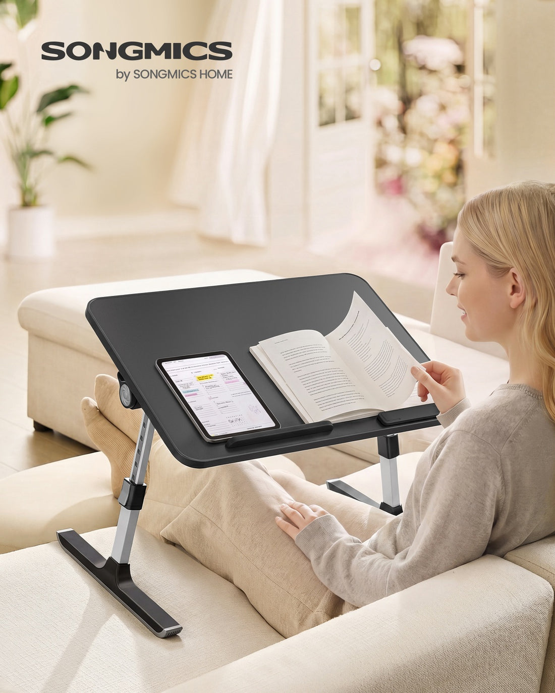 Laptoptisch Schwarz mit Schublade und Aluminiumrahmen | Schwarz | 52x30x23 cm
