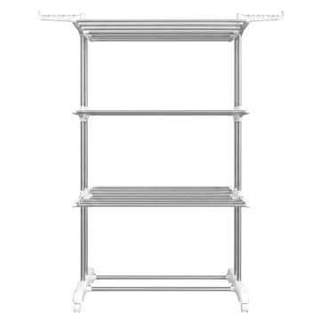 Wasrek met wielen, 4 niveaus, inklapbare vleugels | Zilver-wit | 128x63,5x173 cm