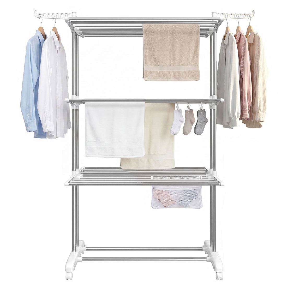 Wasrek met wielen, 4 niveaus, inklapbare vleugels | Zilver-wit | 128x63,5x173 cm