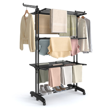 Wasrek, 4 niveaus, inklapbare vleugels, met wielen | Inktzwart | 125,5x63,5x173 cm