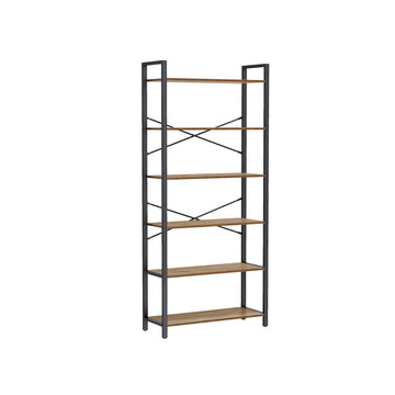 6-laags boekenrek donker walnoot-zwart chipboard staal 30x80x186 cm