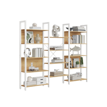 Boekenkast met 14 vakken en metalen frame | Goud eikenkleurig-mat wit | 158x24x166 cm