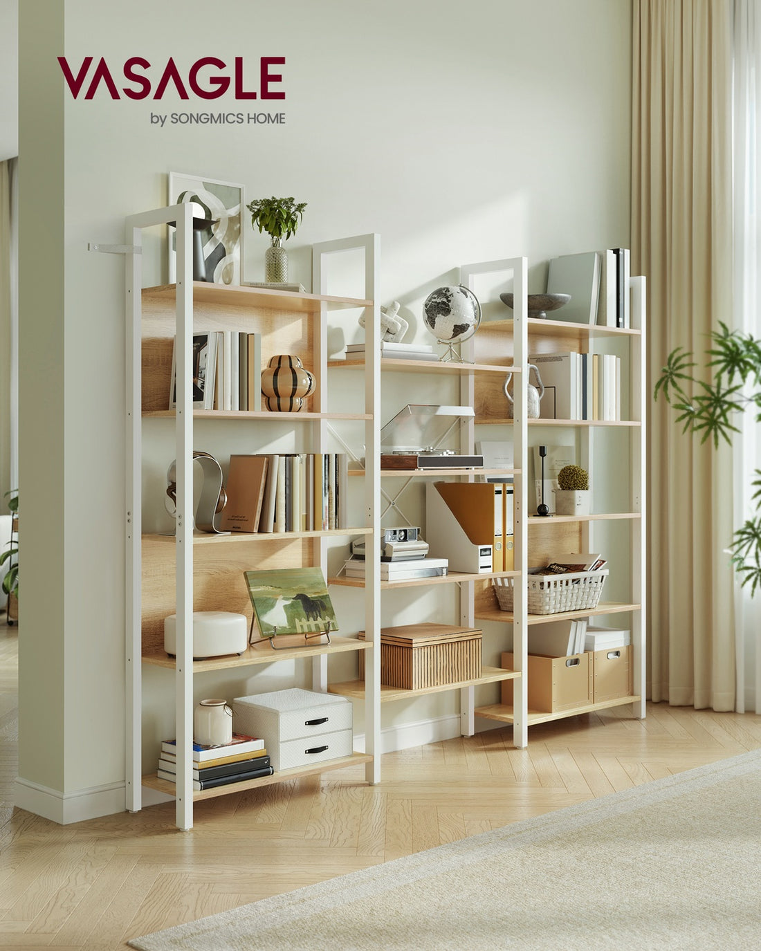Bücherregal mit 14 Fächern und Metallrahmen | Goldeiche-Mattweiß | 158x24x166 cm