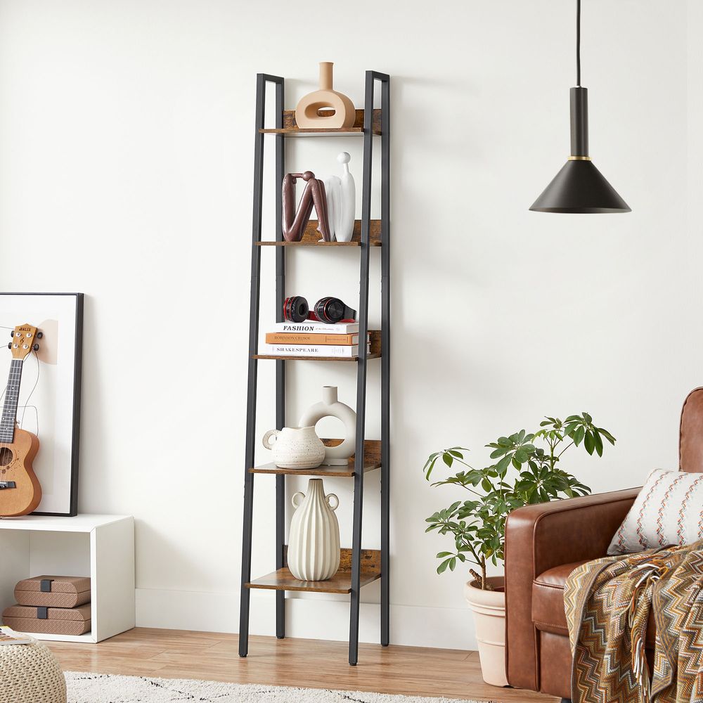 Ladderrek - 5 niveaus - spaanplaat, staal - vintage bruin/zwart - 33,8 x 30 x 170 cm