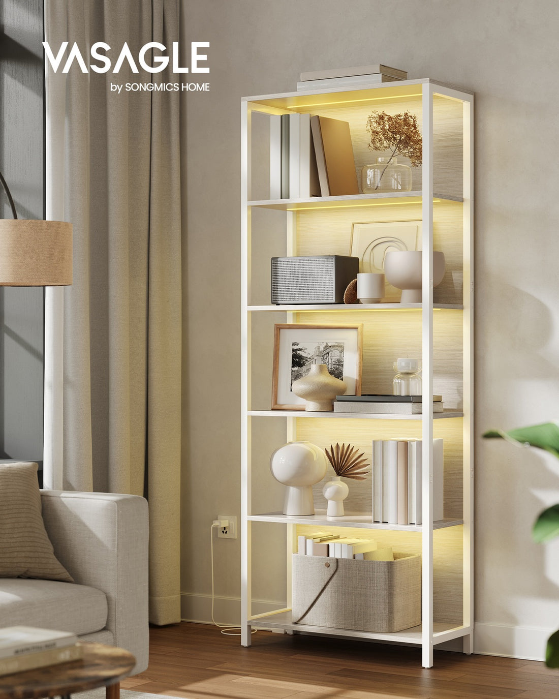 Bokhylla med 6 hyllplan och belysning | Naturbeige | 60x30,3x178,6 cm