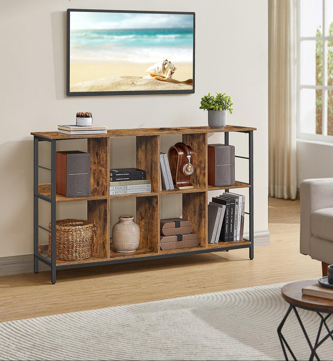 Trähylla - Brun utställningshylla - Bokhylla - Robust förvaring - 33 x 132 x 80 cm