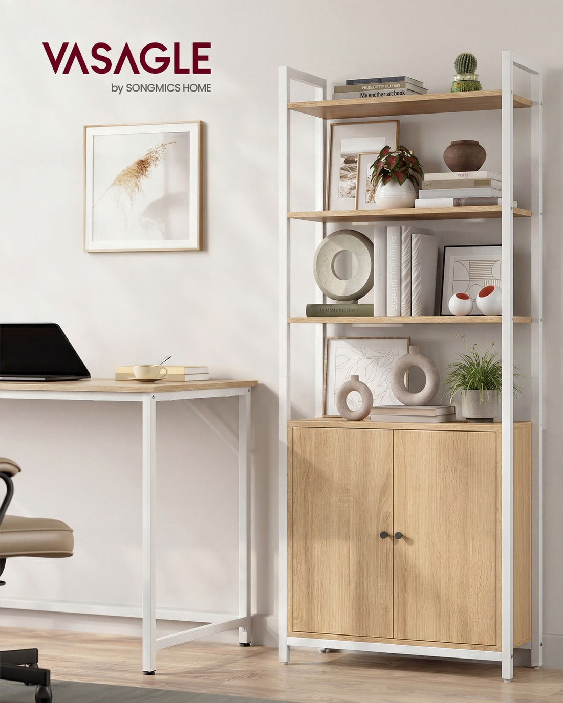 Bokhylla med 6 hyllplan och justerbara hyllor | Guld ek mattvit | 60x24x159,5 cm