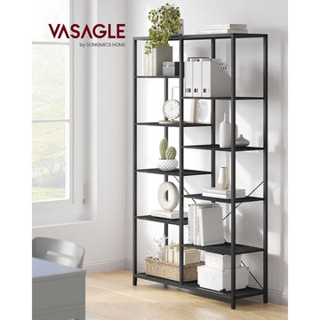 Zwarte boekenkast houtlook – opbergrek – spaanplaat – stalen frame – 30 x 100 x 170 cm