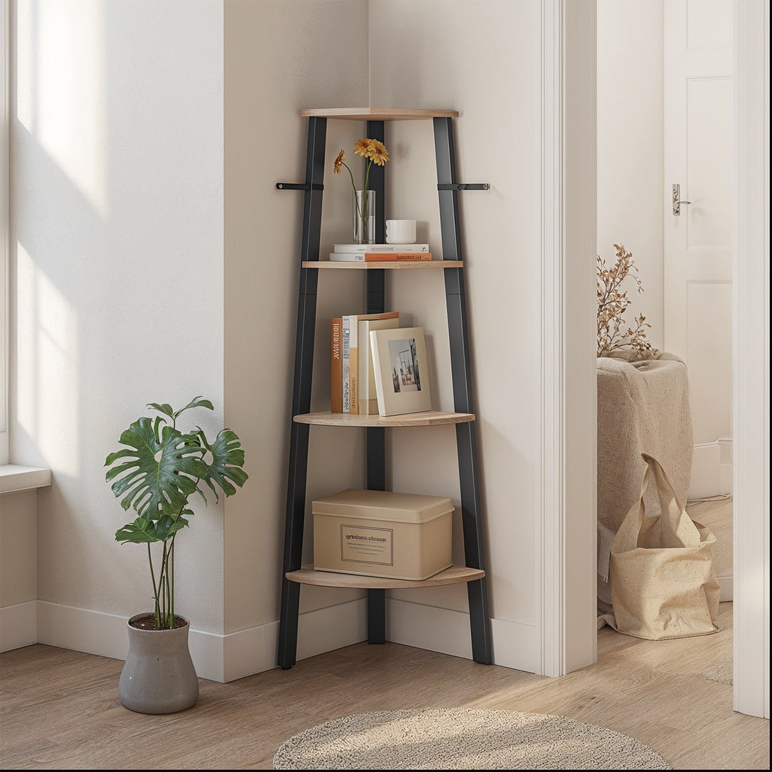 Hoekrek Boekenkast - 4 etages - Houtlook - Ruimtebesparend - 34 x 34 x 125 cm