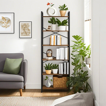 Boekenkast 6 niveaus met stalen frame | Vintagebruin-zwart | 66x30x186 cm