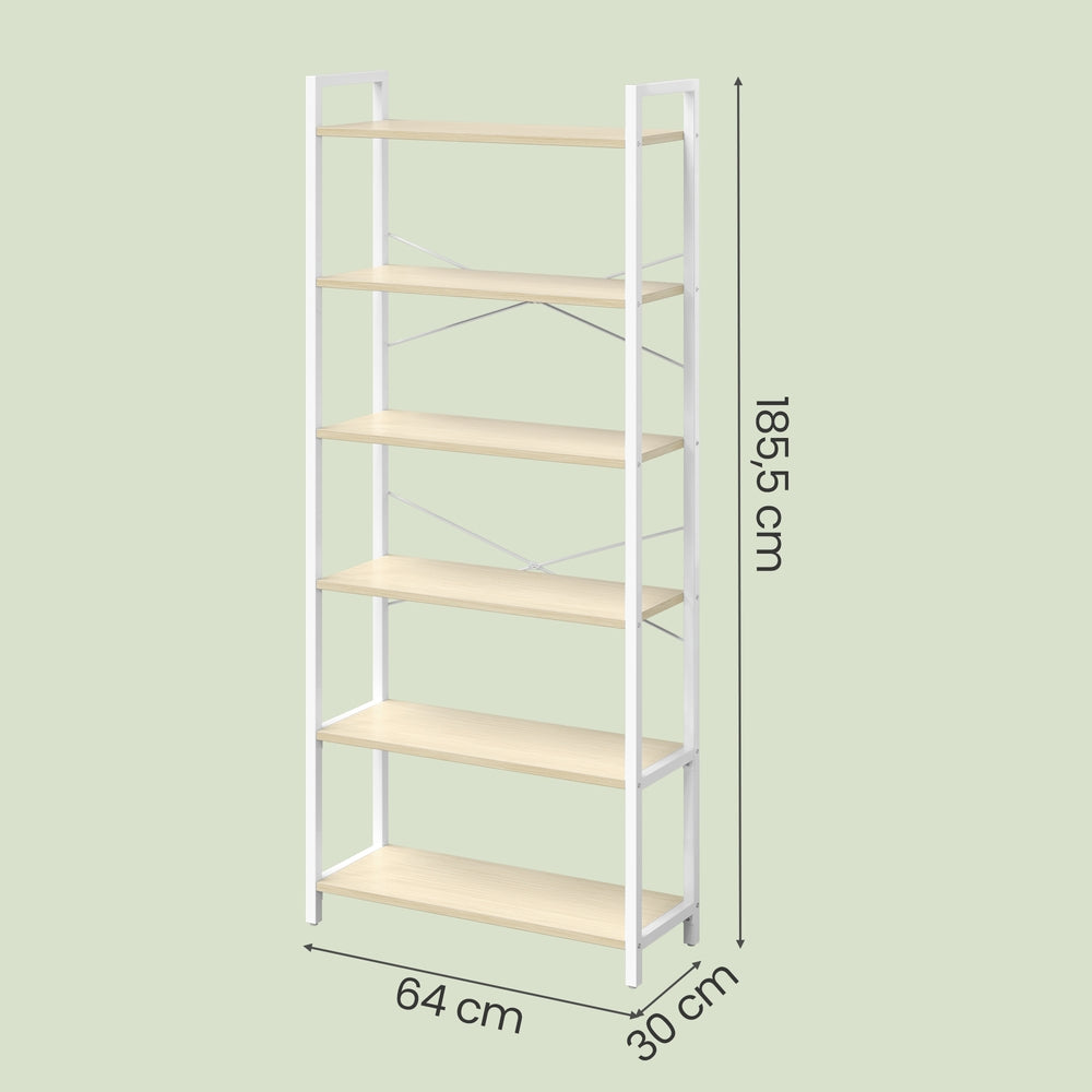 Bokhylla med 6 hyllplan, öppna hyllor | Beige-vit | 64x30x185,5 cm