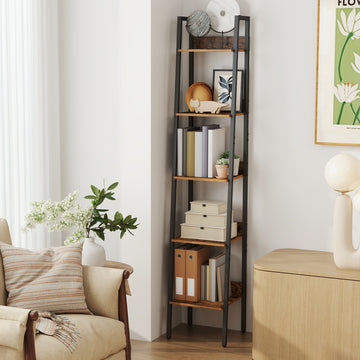 Smal ladderboekenkast 5 niveaus | Vintagebruin-zwart | 33,8x30x170 cm