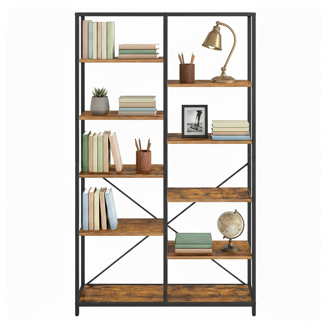 Bücherregal mit 5 Ebenen, Aufbewahrungsregal | Vintagebraun-Schwarz | 100x30x170 cm