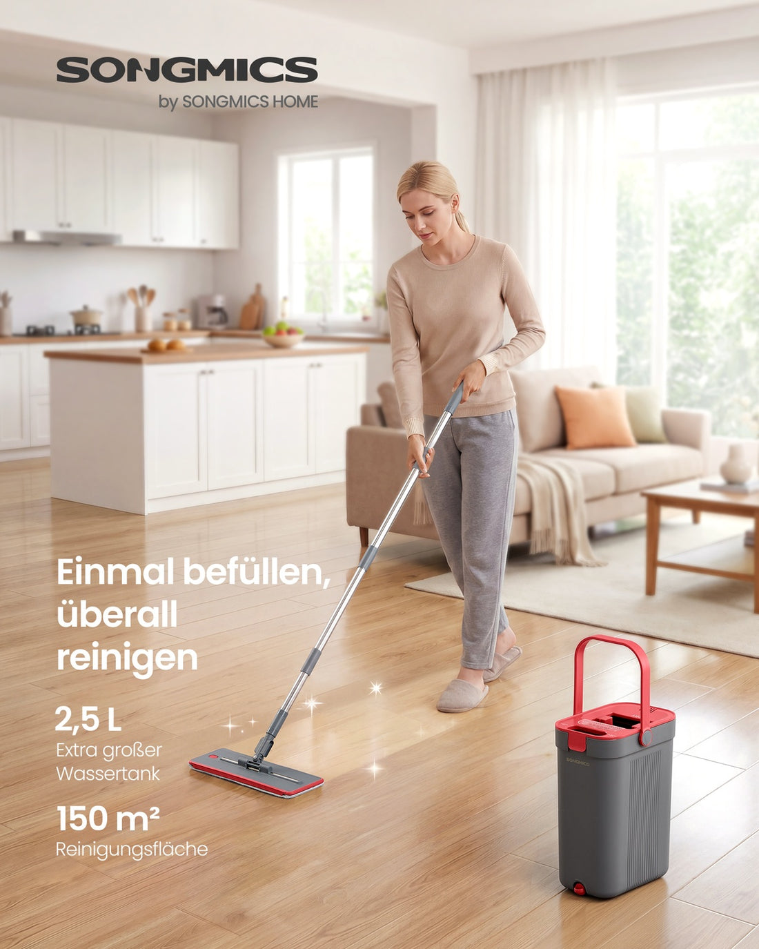 Wischmopset met emmer en scheiding 4 hoezen | Grijs-rood | 26x17x36 cm