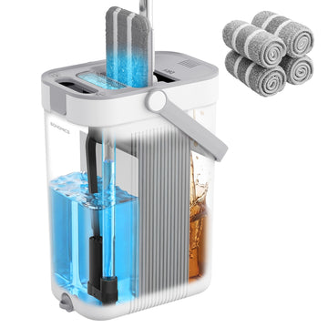 Wischmopset wit-grijs met 4 dweildoeken en emmer met scheiding | Wit-grijs | 26x17x36 cm
