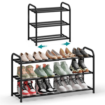 Uitschuifbaar schoenenrek met verstelbare planken 3 niveaus | Tintenzwart | 44,5-82,4x25x47,7 cm