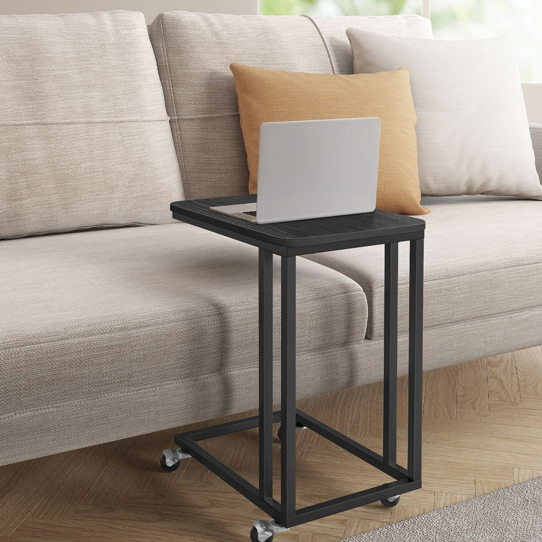 Schwarzer Beistelltisch/Nachttisch – Spanplatte, Stahl – verstellbare Beine – 35 x 50 x 56 cm