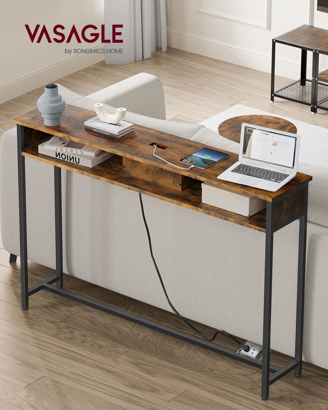 Sidobord vintagerunbrunt och bläcksvart med grenuttag, 100 kg, 25 x 120 x 81,1 cm