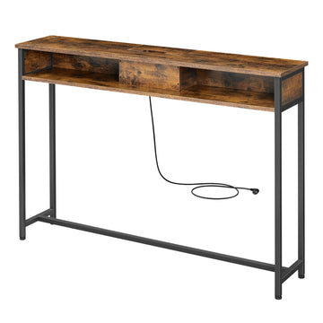 Smalle consoletafel met stopcontacten en 2 vakken | Vintagebruin-zwart | 120x25x81 cm