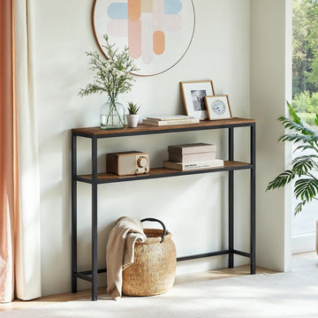 Smalle consoletafel met 2 legplanken | Bruin-zwart | 80x20x80 cm