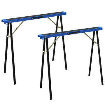 Set van 2 inklapbare metalen zaagbokken | Kleur: Blauw+Zwart | Afmetingen: 36,5x99,5x78,5 cm