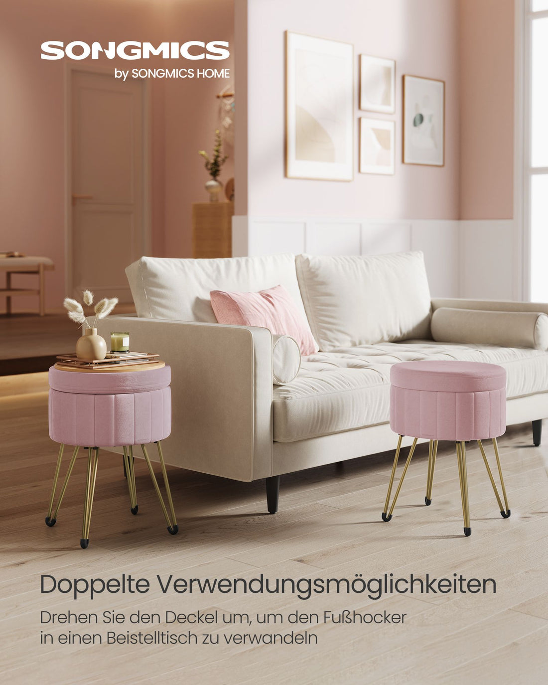 Make-upkruk van fluweel - ronde zitting - comfortabele vulling - 39 x 44,4 cm - pastelroze