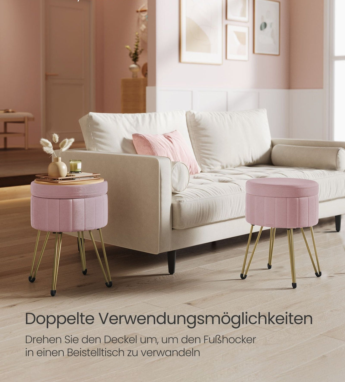 Fluwelen opbergbankje - poef - roze - 39 x 44,4 cm - MDF - 4 metalen poten