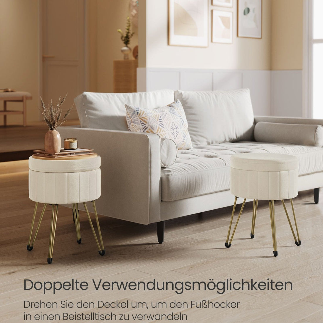 Fluwelen poef - crème-wit - rond zitvlak - gevoerde voetensteun - compact - 39 cm D x 44,4 cm H