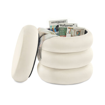 Ronde make-upkruk met opbergruimte en afneembaar deksel | Crèmewit | 43x43x47 cm