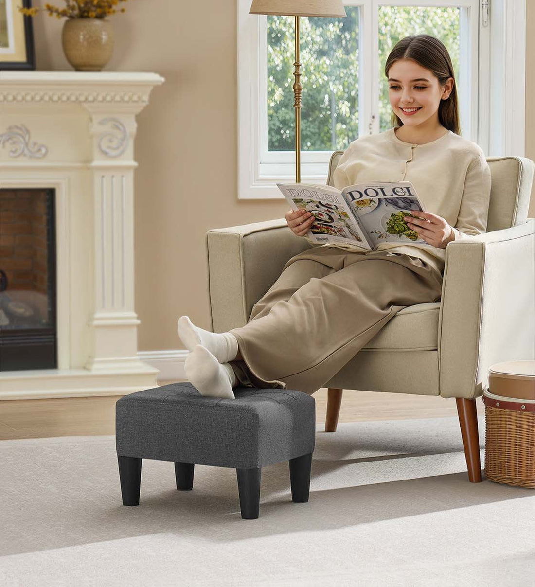 Kruk, voetenbank, hocker - tot 150 kg - linnen bekleding - 40 x 32 x 26 cm