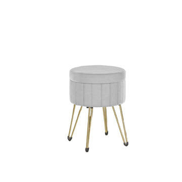 Grijze fluwelen kruk met opbergruimte, rond, 39 x 44,4 cm