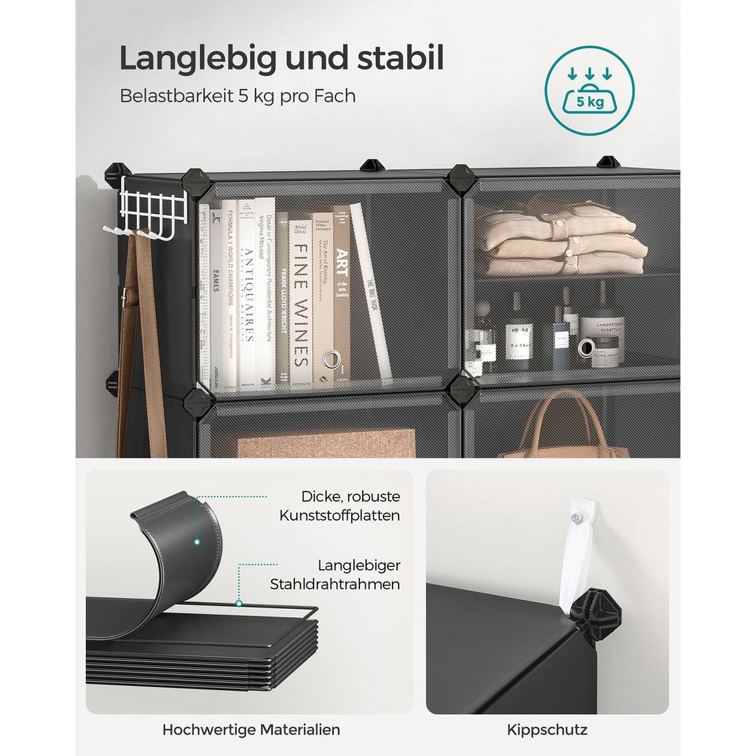 Svart förvaringsställ med 10 fack - plastställ - 32 x 165 x 125 cm