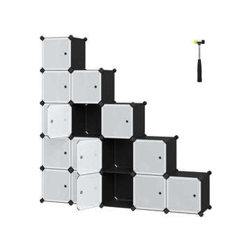 16-vaks zwart opbergrek – modulair, PP-panelen, metaal, 153x31x153 cm