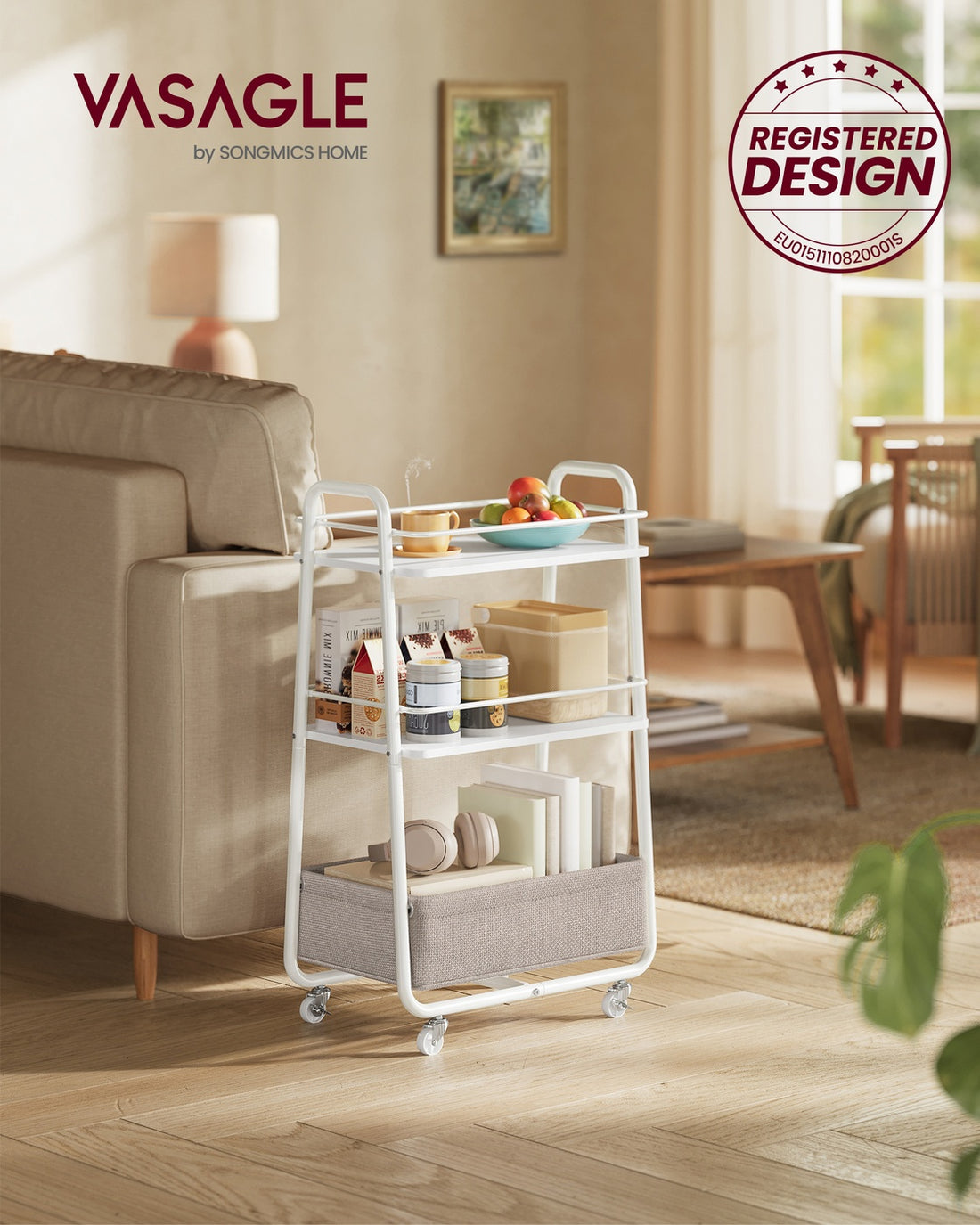 3-laags rolwagen met stoffen mand | Wolkenwit-kameelbruin | 30x43x81 cm