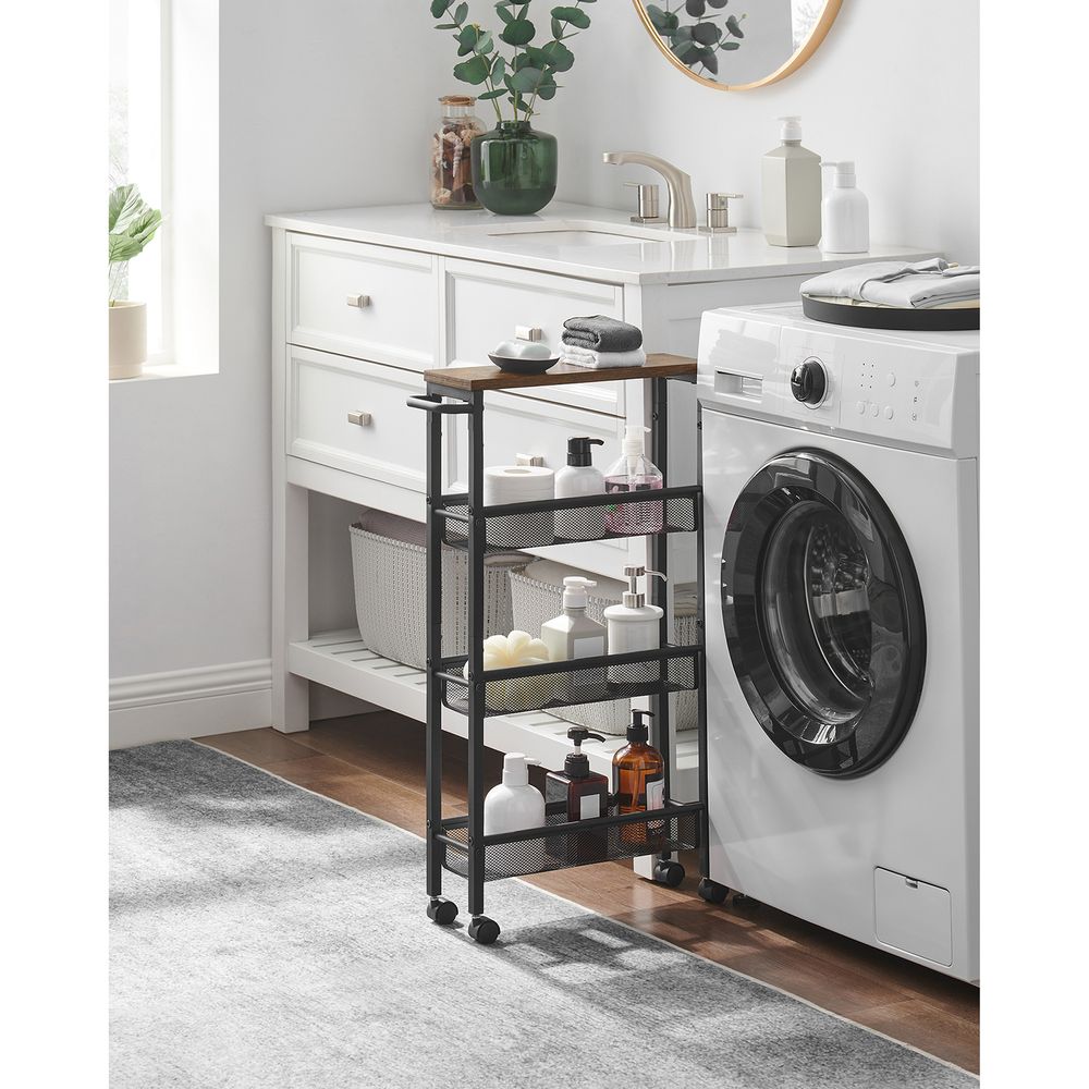 Smalle trolley met 4 niveaus, verrijdbaar, vintage bruin-zwart, 13 x 45,4 x 77 cm
